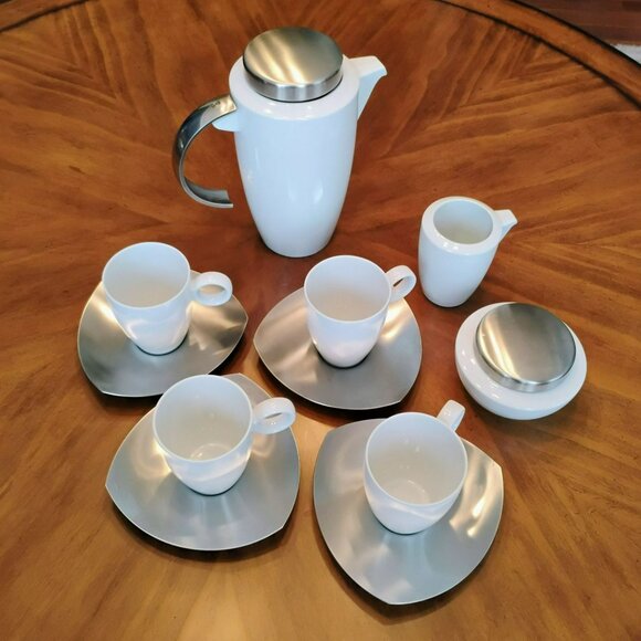 MCM Thomas Rosenthal Vario Porcelain & Stainless Coffee Set, Postmodern Cups Pot - Picture 2 of 12